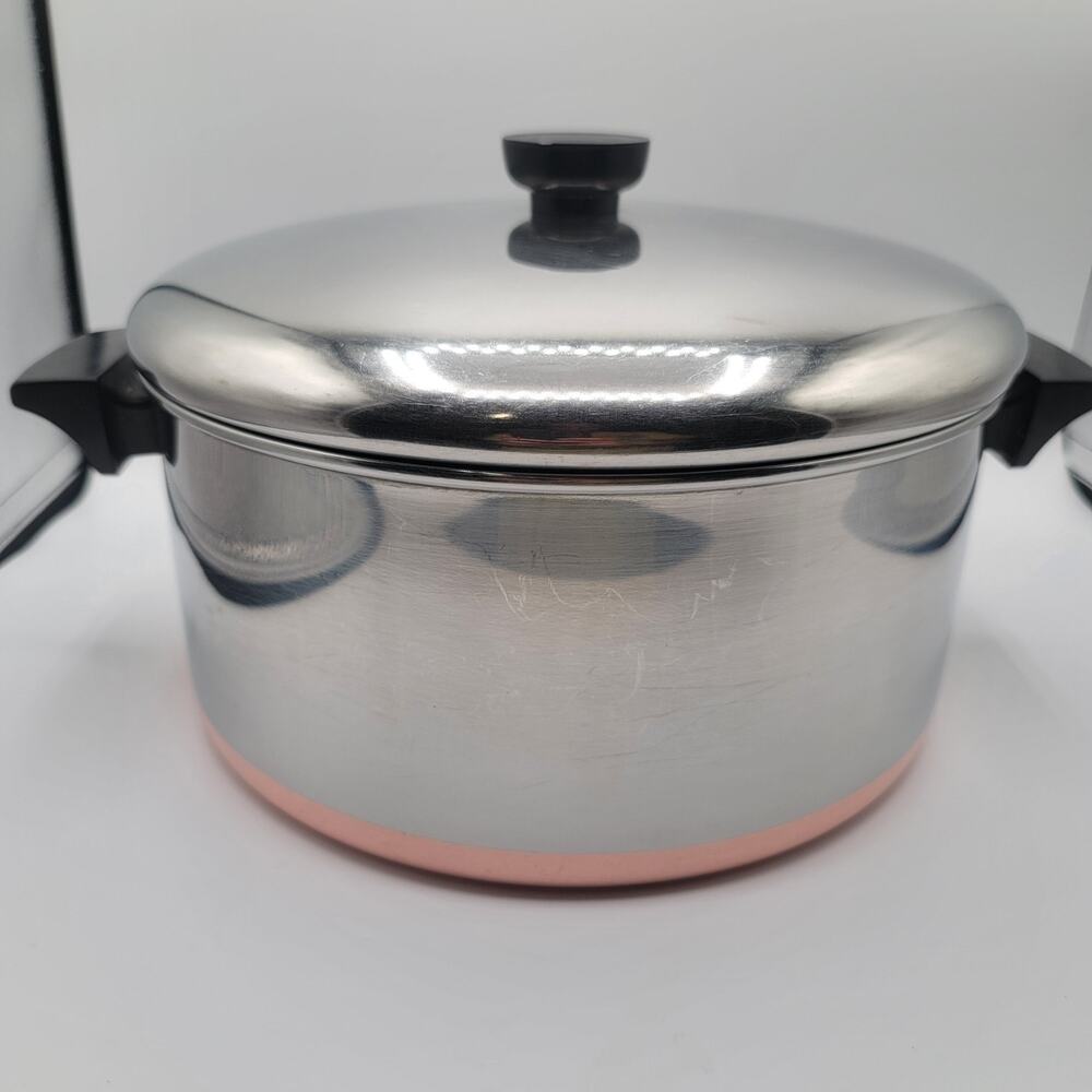 Vintage Revere Ware 6 Qt Stainless Steel Stock Pot w/ Lid Copper Bottom 1801